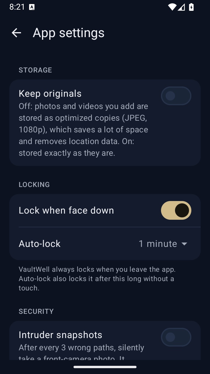 VaultWell on Android: app settings in dark appearance