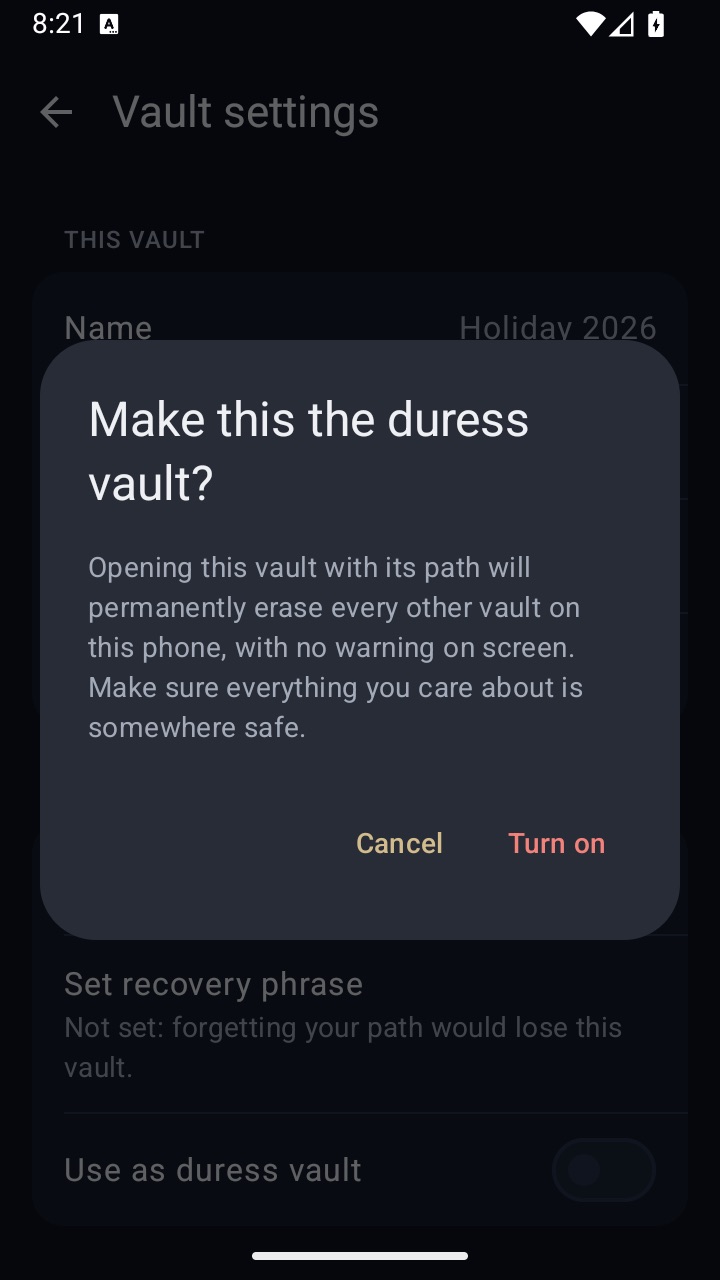 Setting up a duress vault