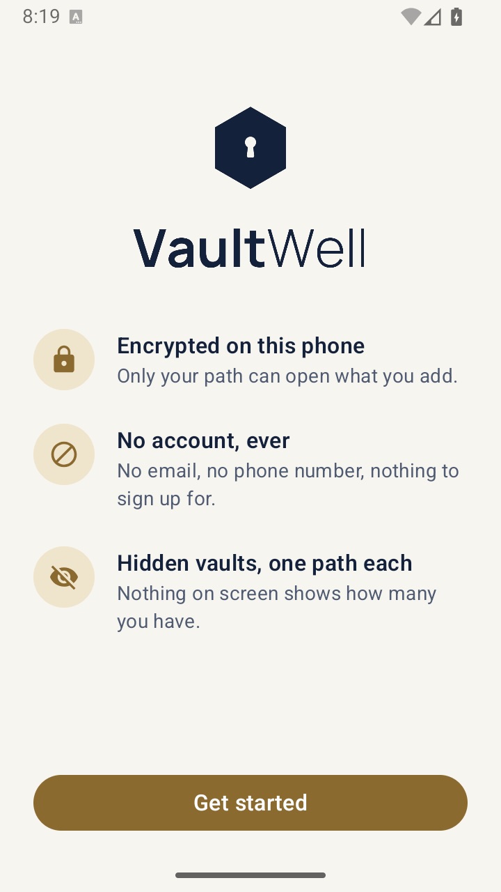 The single VaultWell welcome screen