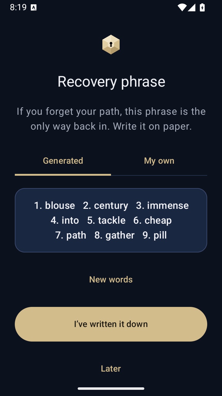 A recovery phrase shown during setup