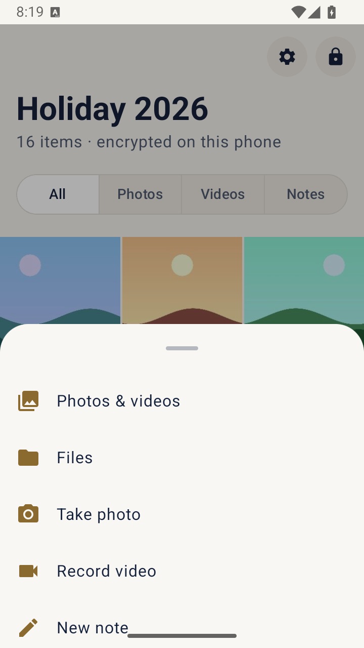 VaultWell on Android showing the add sheet with options for Photos, Camera, Files and Note