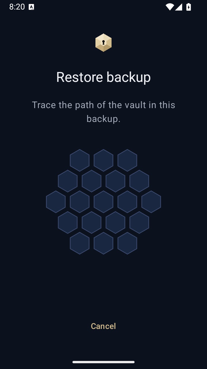 VaultWell restore screen asking for a backup file and the vault's path