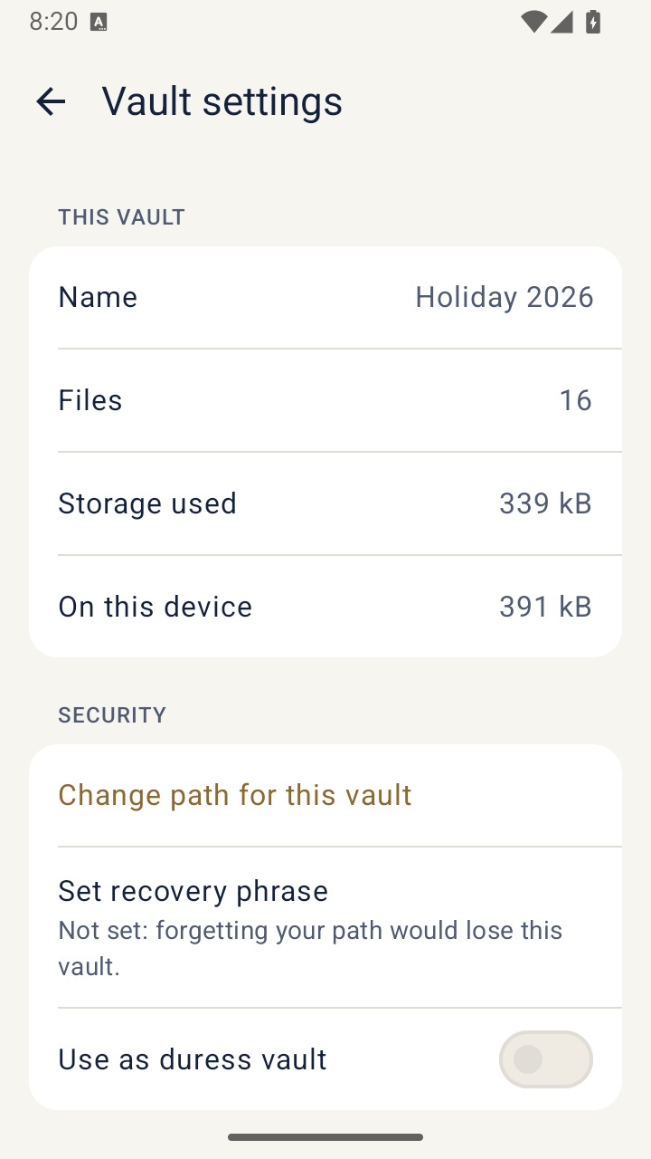 VaultWell on Android: the vault settings option to use this vault as the duress vault