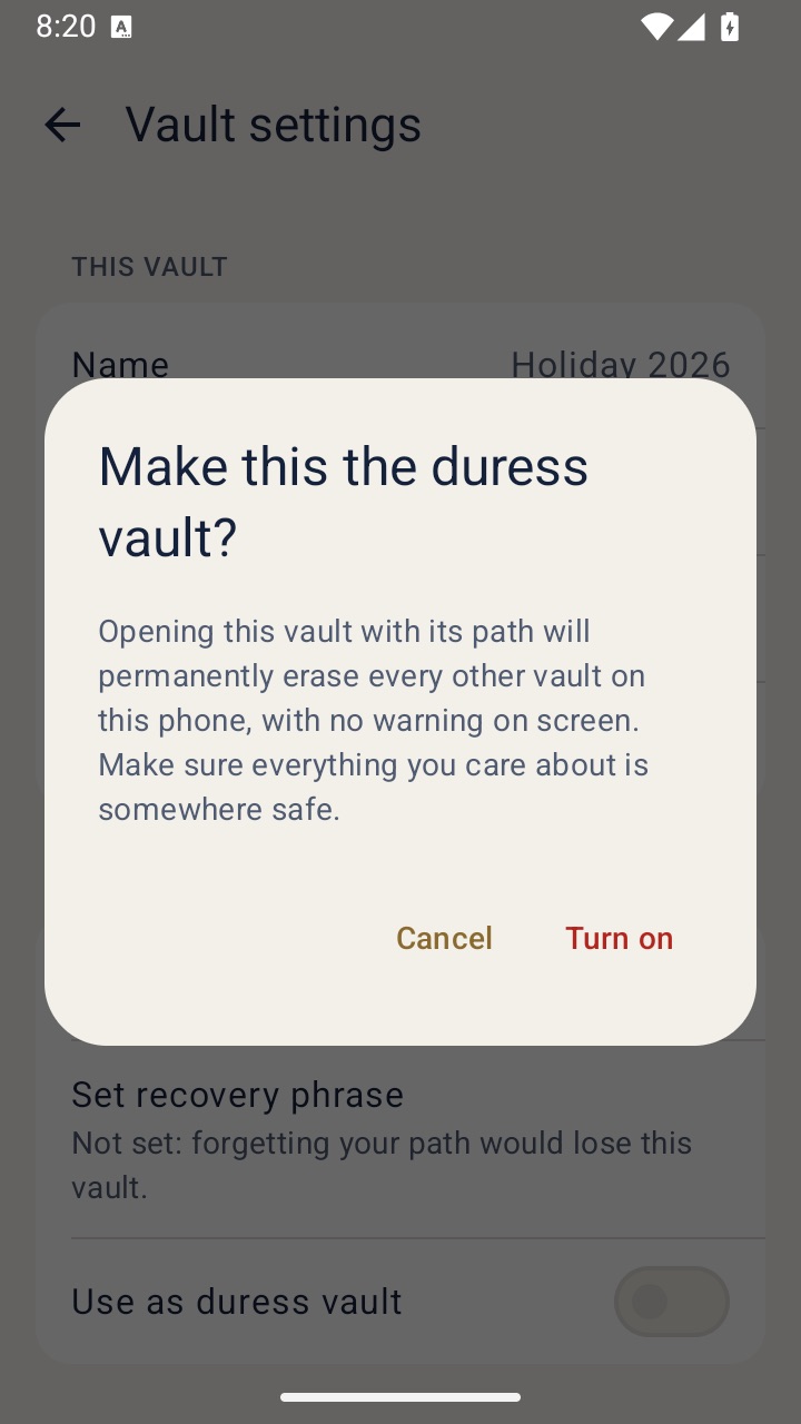 The duress vault confirmation screen