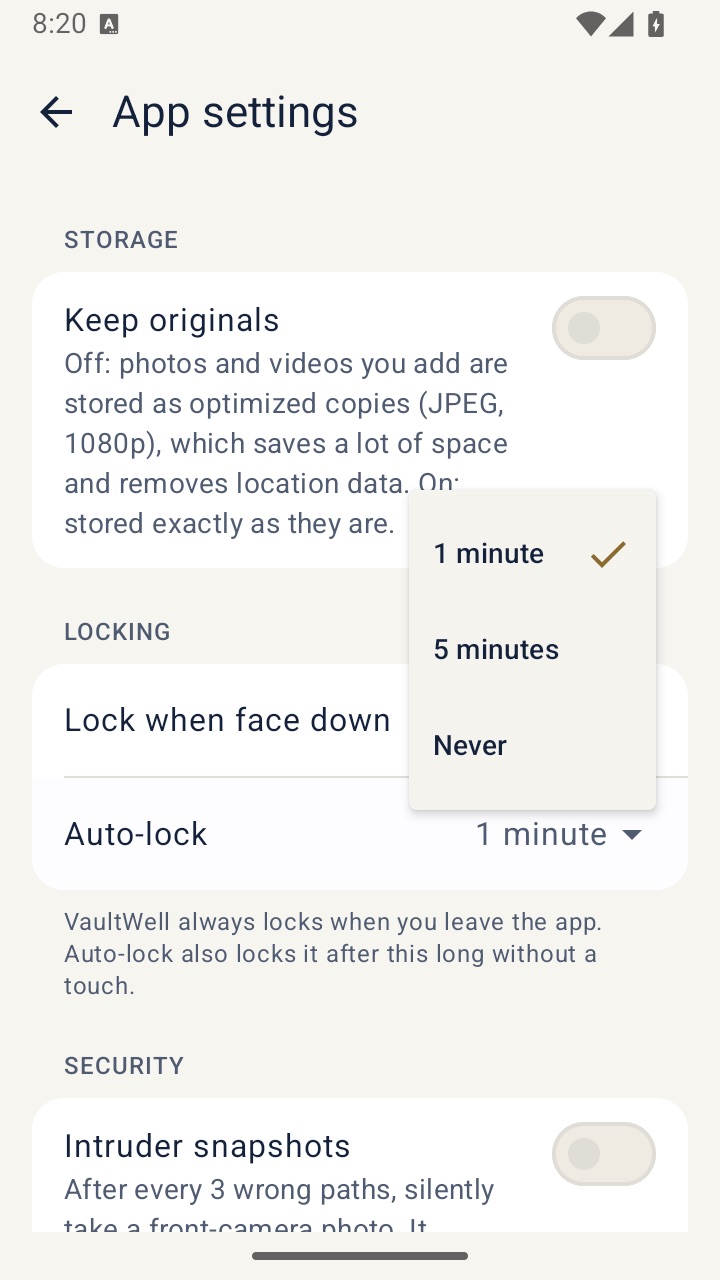 VaultWell on Android: the auto-lock picker with time options